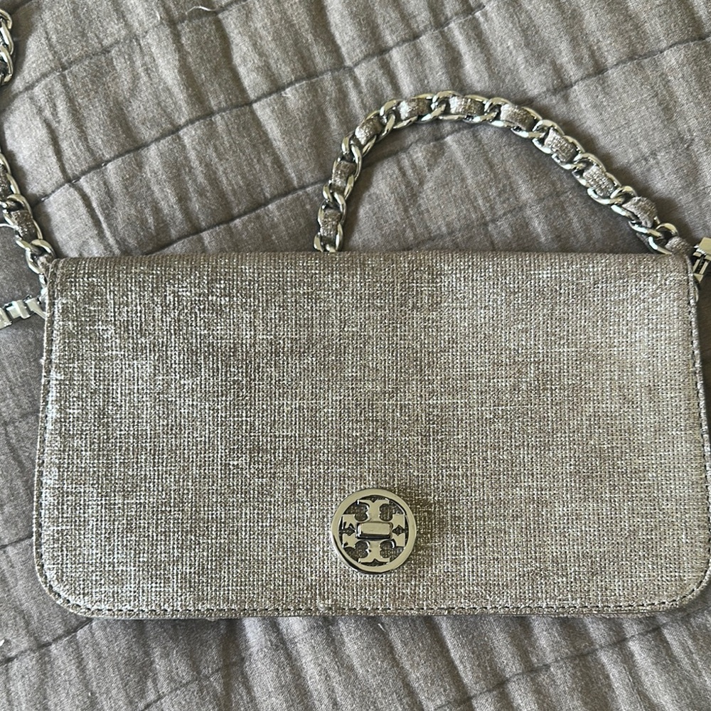 Silver Designer Tory Burch metallic suede chain link cross body Women's Bag